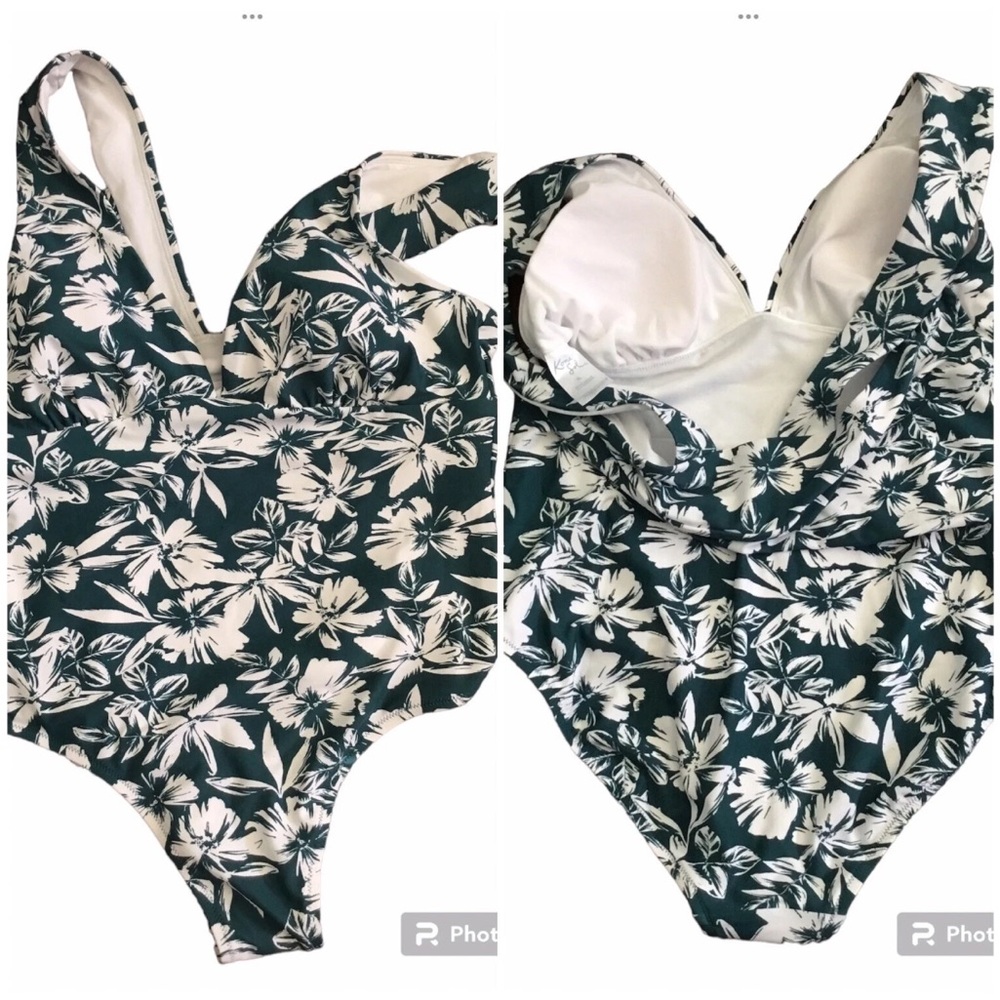 Kona Sol  New XL Tropical Halter Style V Neck One Piece Swimsuit Bathing Suit
